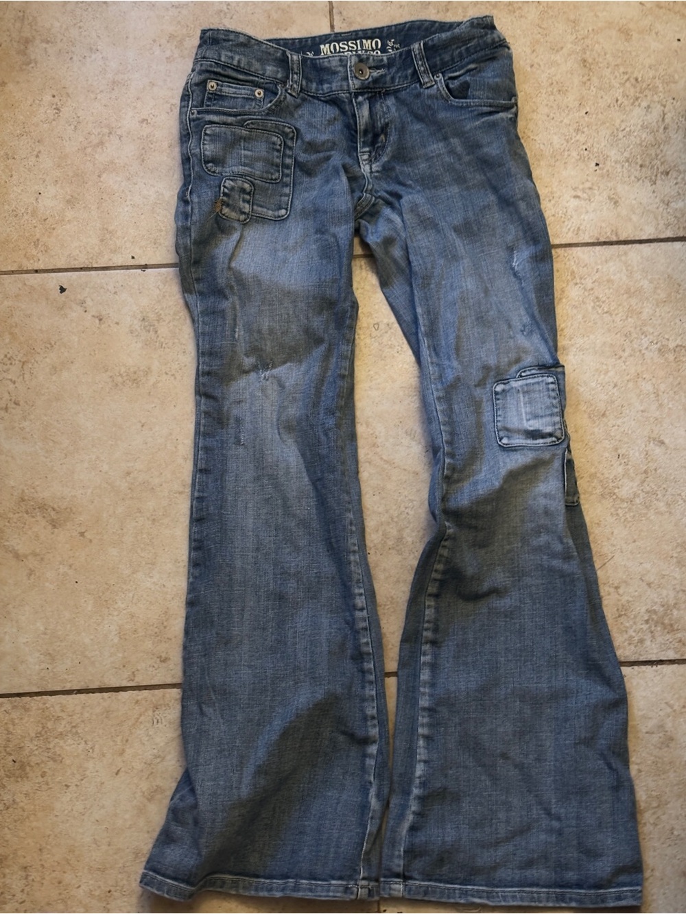 Mossimo Supply Co. Women's Distressed Blue Flare Jeans with Patch Pockets